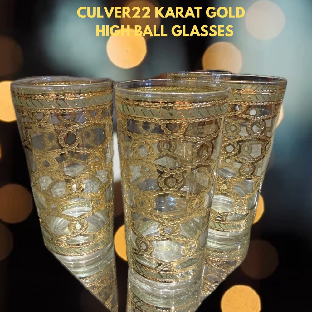 4- Culver 22K Gold Intertwined Golden Rope High Ball Glasses